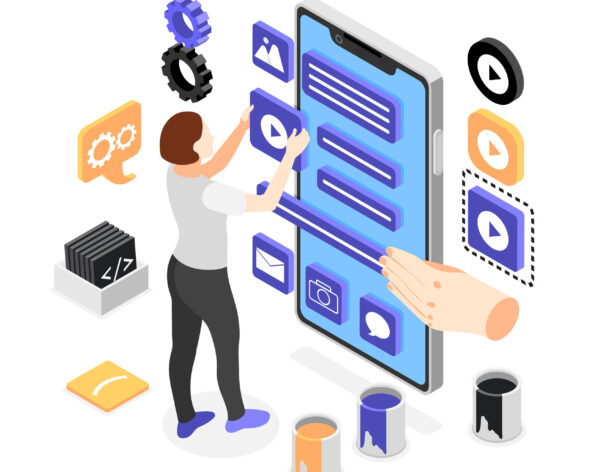 User interface development isometric concept with young woman creating custom design for mobile application vector illustration