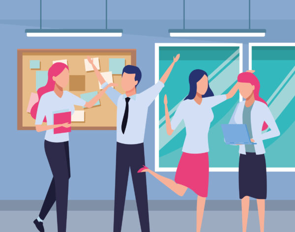 Business partners working with office documents and laptops inside office with windows and corkboard scenery, vector illustration.